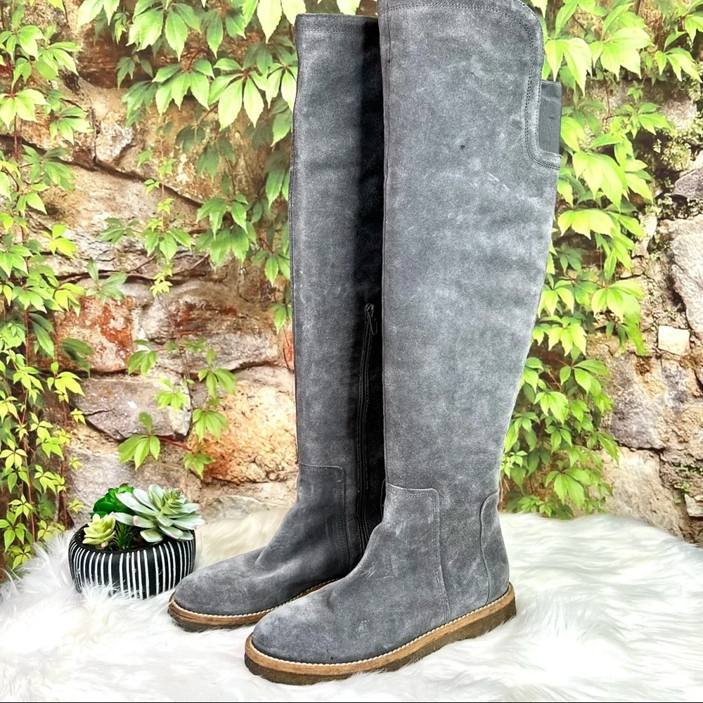 VINCE Quiet Luxury Minimalist Gray Suede Over the Knee Crepe Sole Boots, 6M